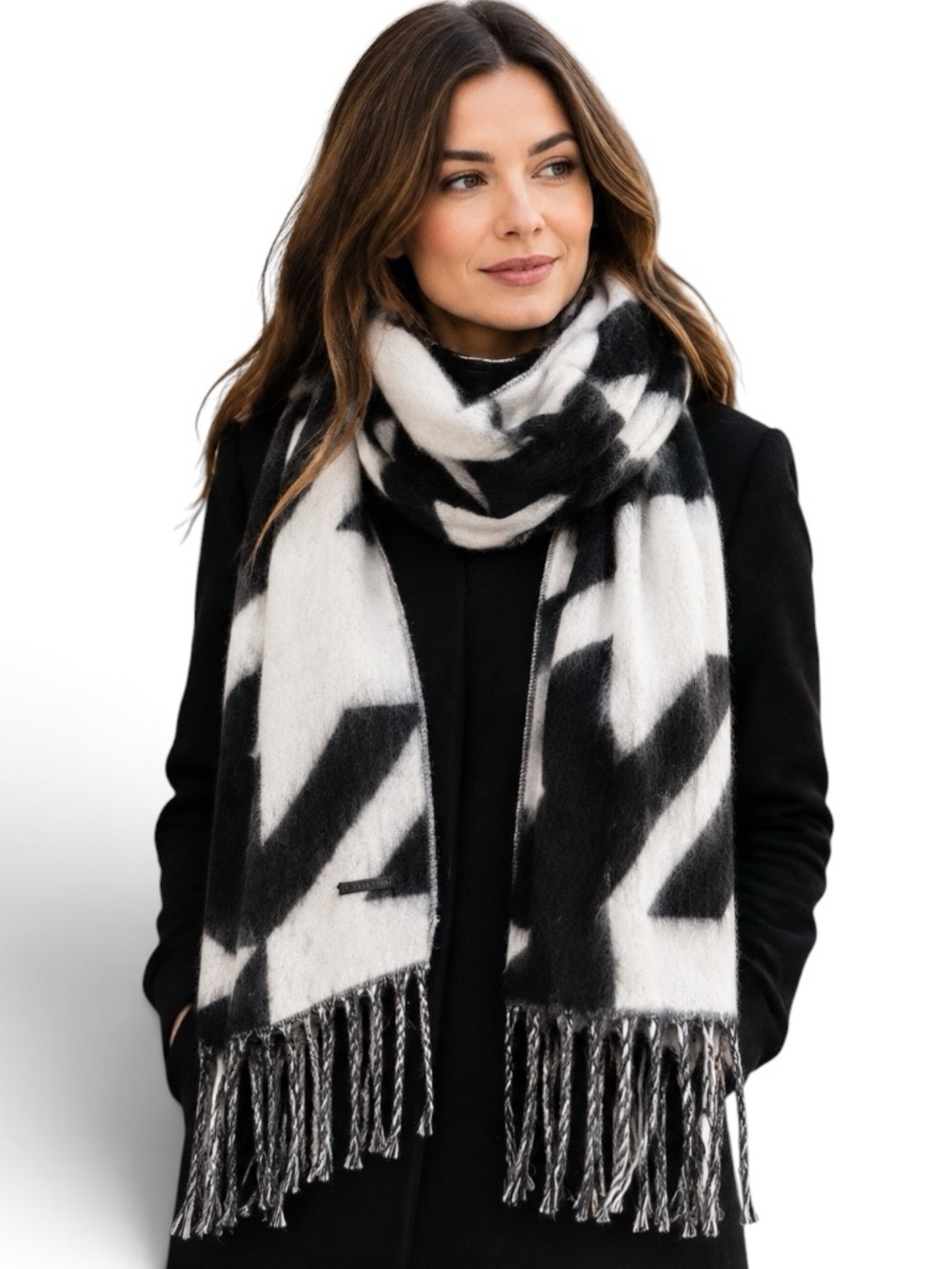 NWT AllSaints Oversized Woven Scarf Black Chalk White Wool Blend